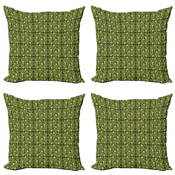 Botanical Throw Pillow Cushion Case Pack of 4, Berries and Flowers Leaves Khokhloma Rhythmic Print, Modern Accent Double-Sided Print, 4 Sizes, Yellow Hunter Green, by Ambesonne