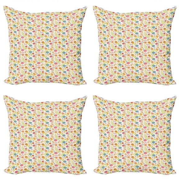 Botanical Throw Pillow Cushion Case Pack of 4, Cheerful and Tender Spring Season Theme Flowers Butterflies and Green Leaves, Modern Accent Double-Sided Print, 4 Sizes, Multicolor, by Ambesonne