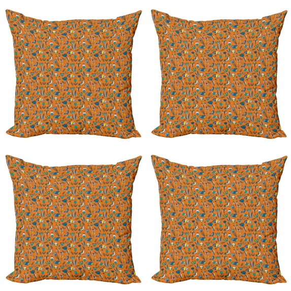 Botanical Throw Pillow Cushion Case Pack of 4, Childish Repeating Pattern of Abstract Tulips and Birds Print, Modern Accent Double-Sided Print, 4 Sizes, Orange and Multicolor, by Ambesonne