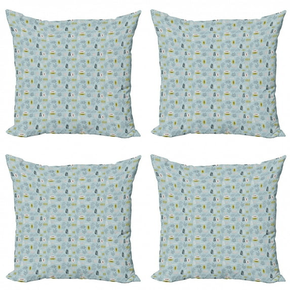 Botanical Throw Pillow Cushion Case Pack of 4, Continuous Pattern of Leaves and Branches, Modern Accent Double-Sided Print, 4 Sizes, Blue Multicolor, by Ambesonne