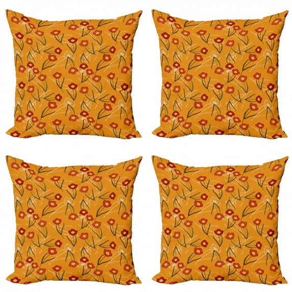 Botanical Throw Pillow Cushion Case Pack of 4, Continuous Peonies Pattern on Outline Drawings Designs Print, Modern Accent Double-Sided Print, 4 Sizes, Orange Vermilion, by Ambesonne