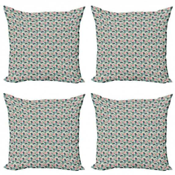 Botanical Throw Pillow Cushion Case Pack of 4, Continuous Tropical Pattern with Exotic Leaves Aloha Vintage Design Print, Modern Accent Double-Sided Print, 4 Sizes, Multicolor, by Ambesonne