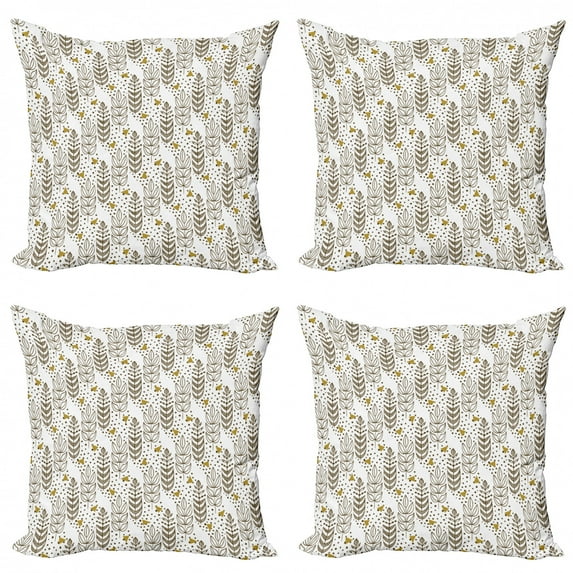 Botanical Throw Pillow Cushion Case Pack of 4, Leaves with Folk Effects with Triangles Dots Autumn, Modern Accent Double-Sided Print, 4 Sizes, Pale Coffee White Brown, by Ambesonne