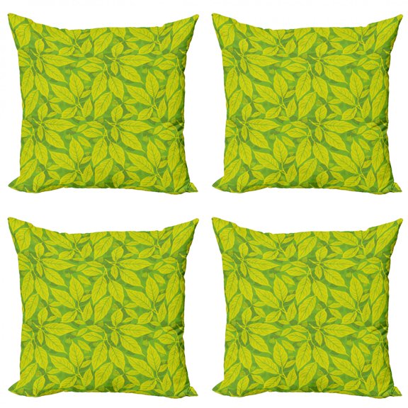 Botanical Throw Pillow Cushion Case Pack of 4, Monochromatic Pattern of Natural Artwork Leaves in the Forest, Modern Accent Double-Sided Print, 4 Sizes, Lime Green Yellow Green, by Ambesonne