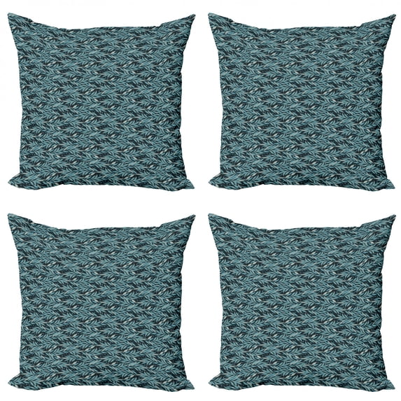 Botanical Throw Pillow Cushion Case Pack of 4, Oriental Ornamental Leaves and Little Flowers, Modern Accent Double-Sided Print, 4 Sizes, Petrol Blue Sea Blue, by Ambesonne