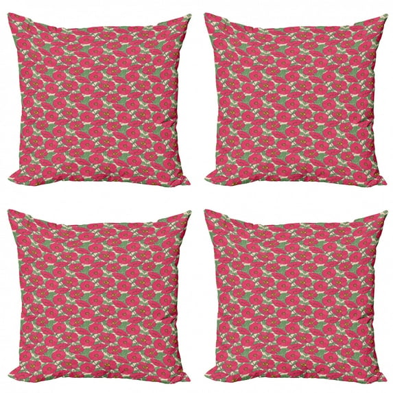 Botanical Throw Pillow Cushion Case Pack of 4, Pattern with Pink Dog Roses Green Stems and Leaves Vintage Style Garden Flowers, Modern Accent Double-Sided Print, 4 Sizes, Multicolor, by Ambesonne