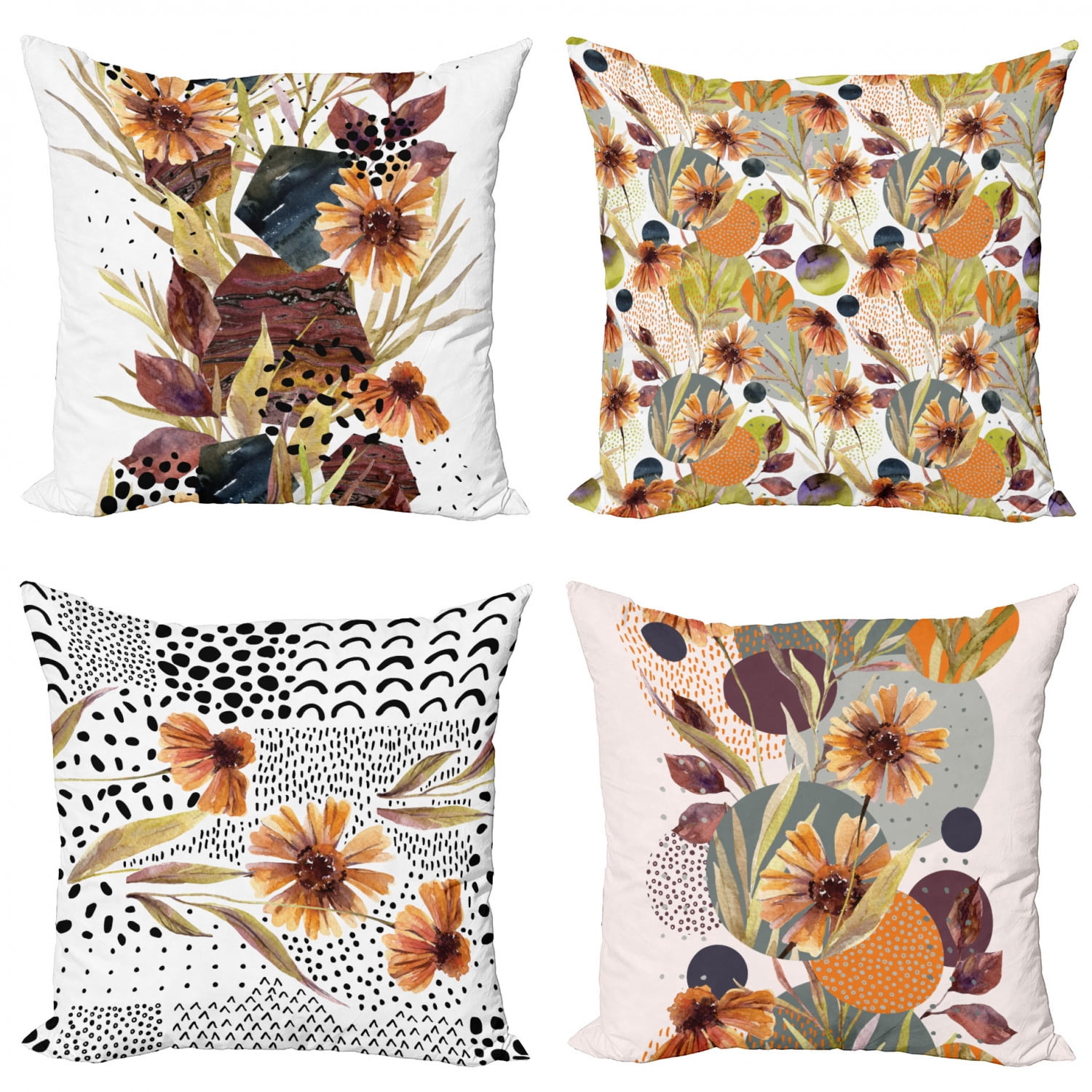 Botanical Throw Pillow Cushion Case Pack of 4, Seasonal Foliage Flowers