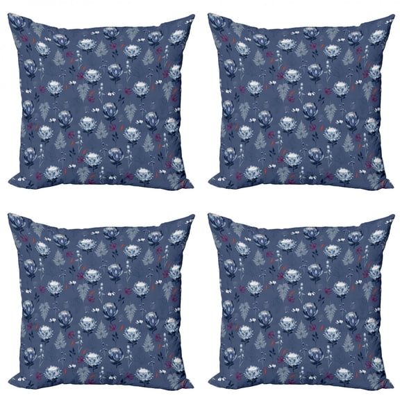 Ambesonne Botanical Throw Pillow Cover 4 Pack, Blue Tone Protea, 16", Multicolor