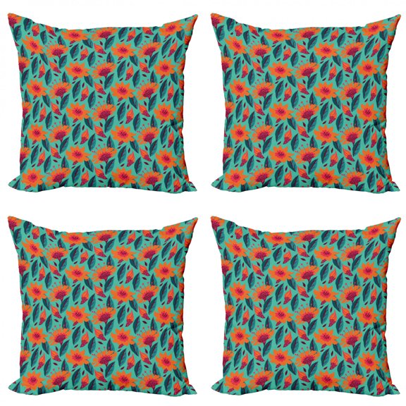 Botanical Throw Pillow Cushion Case Pack of 4, Style Floral Pattern with Vibrant Leaves Revival Field, Modern Accent Double-Sided Print, 4 Sizes, Dark Coral Sea Green, by Ambesonne