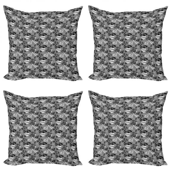 Botanical Throw Pillow Cushion Case Pack of 4, View of Various Leaves and Other Plantation in Greyscale Shades, Modern Accent Double-Sided Print, 4 Sizes, Dimgray White, by Ambesonne