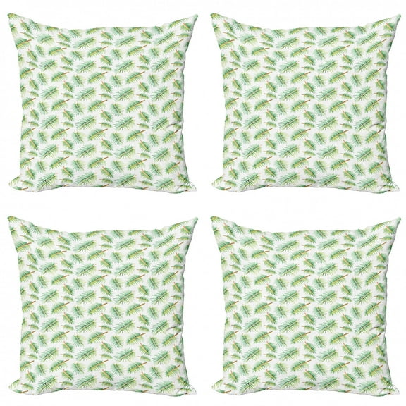 Botanical Throw Pillow Cushion Case Pack of 4, Watercolor Style Palms Botanical Leaves on Plain Backdrop, Modern Accent Double-Sided Print, 4 Sizes, Green Pale Vermilion, by Ambesonne