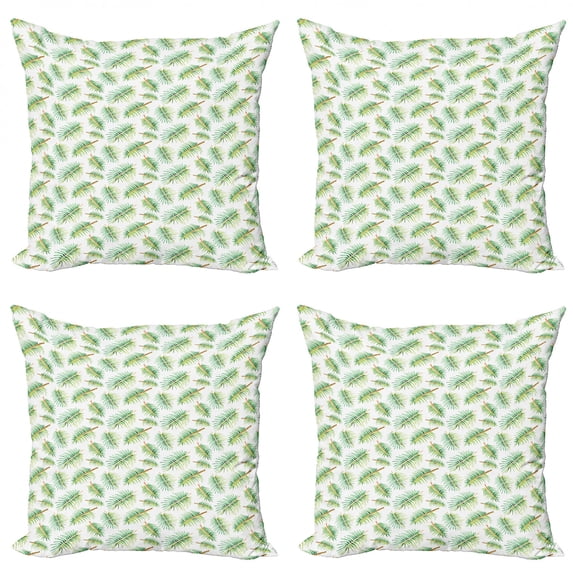 Botanical Throw Pillow Cushion Case Pack of 4, Watercolor Style Palms Botanical Leaves on Plain Backdrop, Modern Accent Double-Sided Print, 4 Sizes, Green Pale Vermilion, by Ambesonne