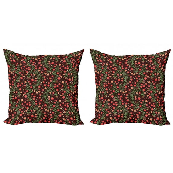 Botanical Throw Pillow Cushion Cover Pack of 2, Pattern of Flowering Curvy Branch Abstract Blooms Dots, Zippered Double-Side Digital Print, 4 Sizes, Fern Green Dark Coral, by Ambesonne