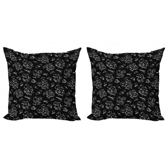 Ambesonne Botanical Throw Pillow Cover 2 Pack, Hand Drawn Garden Nature, 24", Charcoal Grey and White