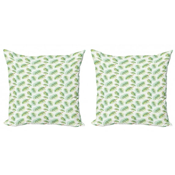 Botanical Throw Pillow Cushion Cover Pack of 2, Watercolor Style Palms Botanical Leaves on Plain Backdrop, Zippered Double-Side Digital Print, 4 Sizes, Green Pale Vermilion, by Ambesonne