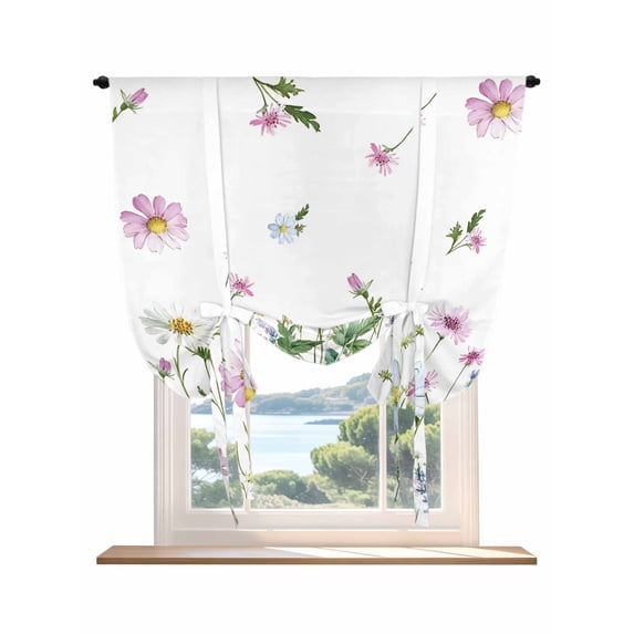 Botanical Tie Up Curtains for Windows 63 Inch Length Balloon Curtains Kitchen Adjustable Balloon Window Shade Blue Pink Daisy Floral Watercolor White Tie Up Valance Bathroom Curtain Window 52"x63"