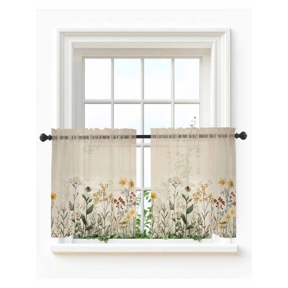 Botanical Tier Curtains 24 Inch Length,Sheer Curtains for Bedroom Living Room Window Retro Plant Wildflower Green Leaf Ferns Rod Pocket Drapes Kitchen Curtains Small Half Window 27.5"x24" 2 Panels