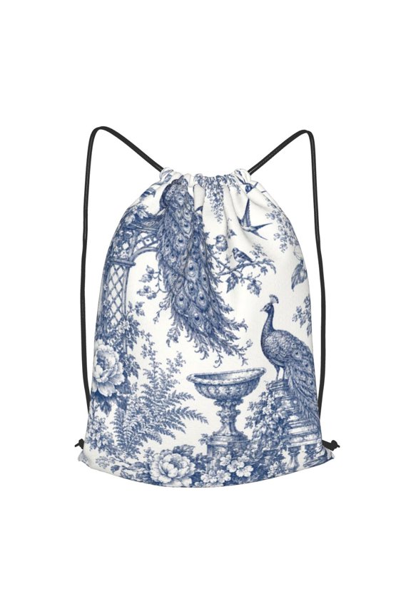 Botanical Toile Bird Pattern Drawstring Backpack Gym String Bag Sports Sackpack Cinch Sack, S