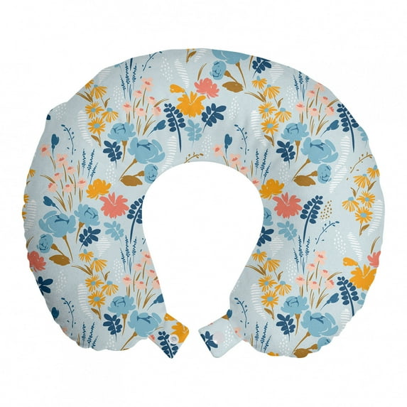 Botanical Travel Pillow Neck Rest, Abstract Nature Themed Tender Pastel Flowers and Herbs Repetition, Memory Foam Traveling Accessory Airplane and Car, 12", Baby Blue and Multicolor, by Ambesonne