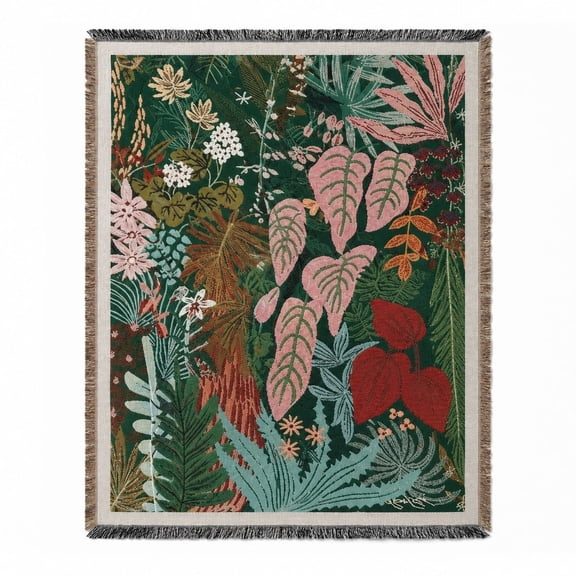 Botanical Tropical Leaf Woven Cotton Throw Blanket with Fringe – 3 Sizes Available