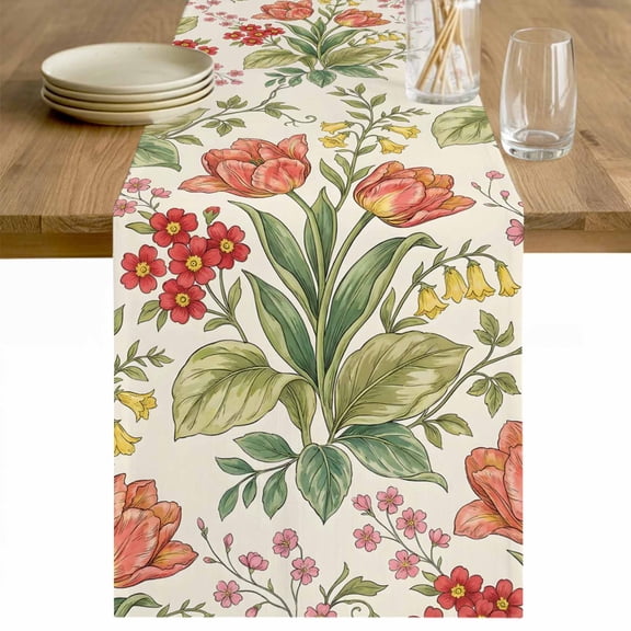 Botanical Tulip Table Runner - 36 Inch Long Farmhouse Vines Floral Summer Plants Cotton and Linen Blended Dress Scarves Farmhouse Table Runner for Kitchen Dining, Coffee Table, 13" x 36"