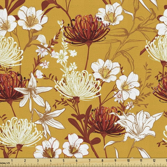 Botanical Upholstery Fabric by the Yard, Bunch of Blooming Flowers Garden Lily Daffodil Iris Magnolia Field Yard, Decorative Fabric for DIY and Home Accents, Apricot Rust White by Ambesonne