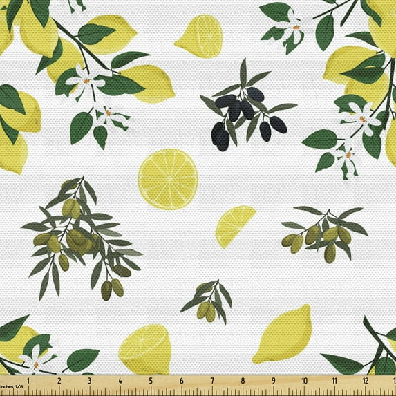 Ambesonne Botanical Fabric by the Yard Upholstery, Olives and Lemons Growing, 1 Yard, Pastel Yellow Green