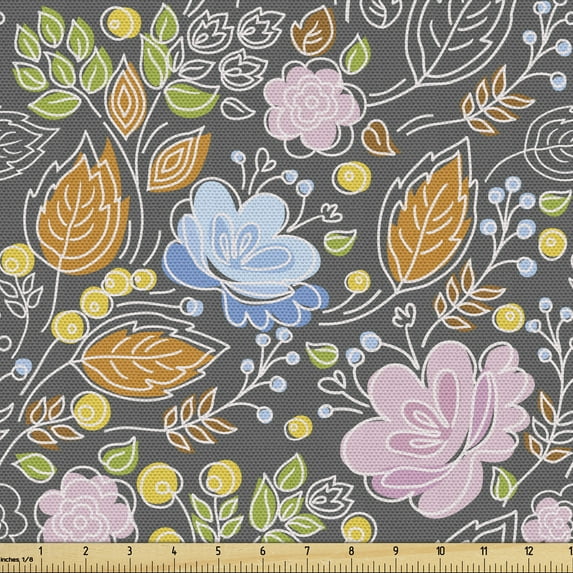 Ambesonne Botanical Fabric by the Yard Upholstery, Creative Nature Blooming, 2 Yards, Dimgray Multicolor