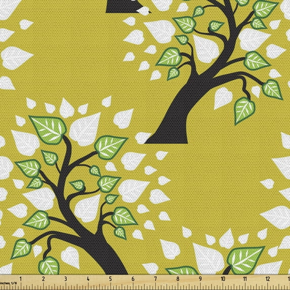 Botanical Upholstery Fabric by the Yard, Funky Trees with Abstract Leaves Natural Themed Garden Art Pattern, Decorative Fabric for DIY and Home Accents, Yellow Green Multicolor by Ambesonne