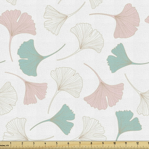 Ambesonne Botanical Fabric by the Yard Upholstery, Ginkgo Leaves Wild Herbs, 5 Yards, Rose Turquoise and White