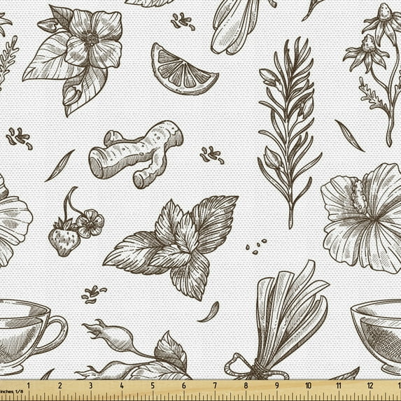 Ambesonne Botanical Fabric by the Yard Upholstery, Hand Drawn Various Herbs, 3 Yards, Dark Cocoa and White