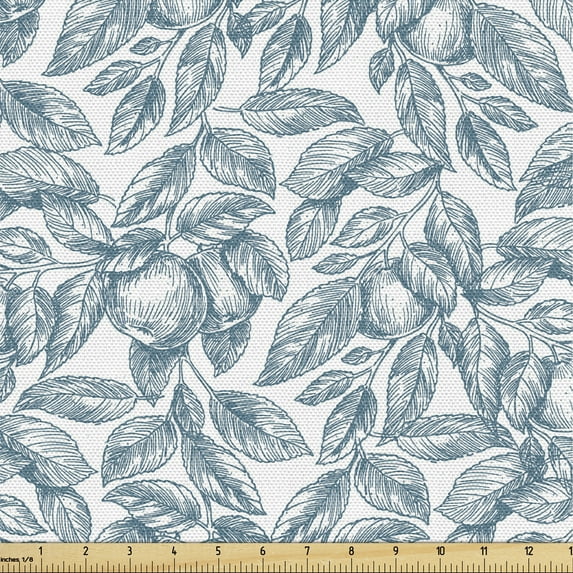 Ambesonne Botanical Fabric by the Yard Upholstery, Hand Drawn Apple Trees, 3 Yards, Blue and White