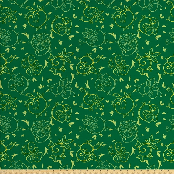 Ambesonne Botanical Fabric by the Yard Upholstery, Swirl Flowers Nature Art, 5 Yards, Yellow Forest Green