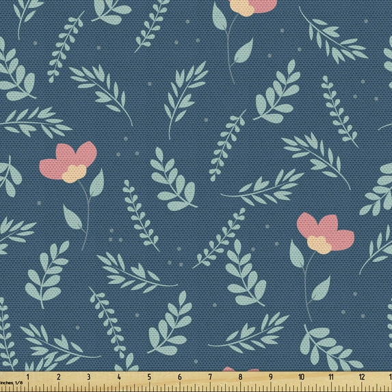 Ambesonne Botanical Fabric by the Yard Upholstery, Flowers and Field Herbs, 1 Yard, Petrol Blue and Seafoam