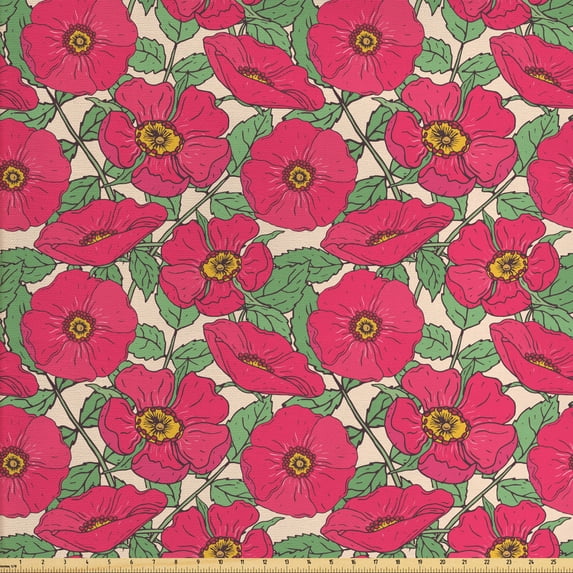 Botanical Upholstery Fabric by the Yard, Pattern with Pink Dog Roses Green Stems and Leaves Vintage Style Garden Flowers, Decorative Fabric for DIY and Home Accents, Multicolor by Ambesonne