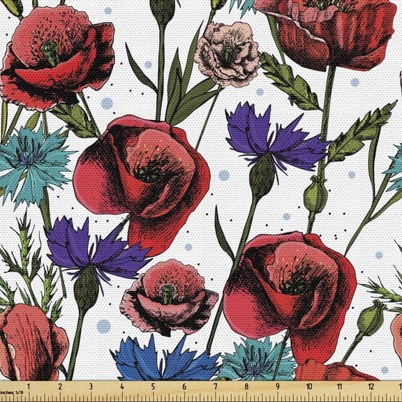 Ambesonne Botanical Fabric by the Yard Upholstery, Meadow Field Scene Flora, 10 Yards, Red and Purple