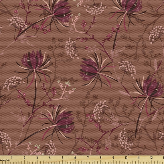 Ambesonne Botanical Fabric by the Yard Upholstery, Blossoming Floral Details, 10 Yards, Redwood Maroon