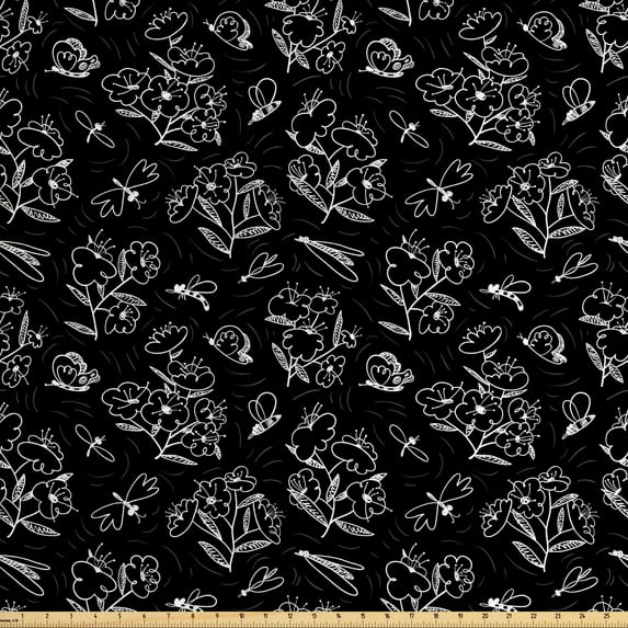 Ambesonne Botanical Fabric by the Yard Upholstery, Hand Drawn Garden Nature, 10 Yards, Charcoal Grey and White