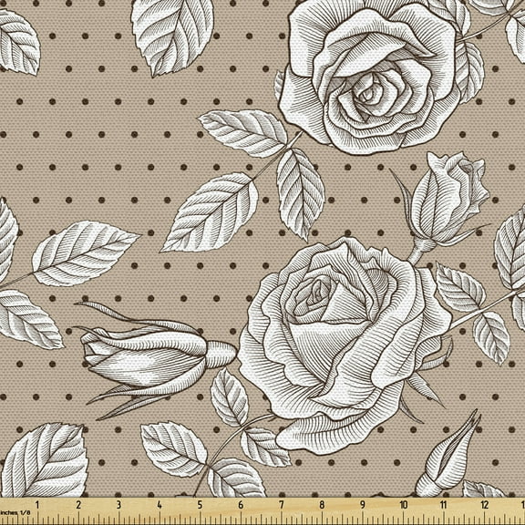 Botanical Upholstery Fabric by the Yard, Vintage Pattern with Outline Sketch Roses with Polka Dots Print, Decorative Fabric for DIY and Home Accents, 3 Yards, Tan Chestnut Brown by Ambesonne