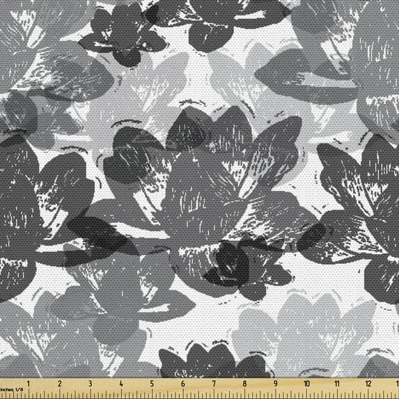 Ambesonne Botanical Fabric by the Yard Upholstery, Grey Water Lily Leaves, 2 Yards, Charcoal Grey and White
