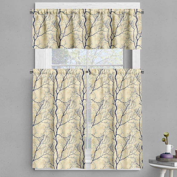 Botanical Valance & Tier Curtain 3 pcs Set, Lone Autumn Tree Theme Leafless Branches on Shadowy Beige Background, Window Treatments for Kitchen Room Decor, 55" x 36", Beige and Charcoal Grey