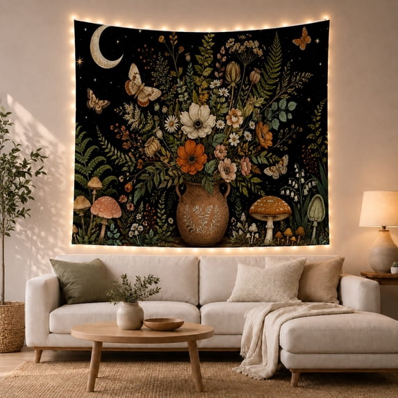 Botanical Vase in a Nocturnal Scene, Mystical Vintage Illustration for Nature Lovers, Botanical Wall Art, Halloween Gift Tapestry Wall Hanging for Bedroom and Living Room