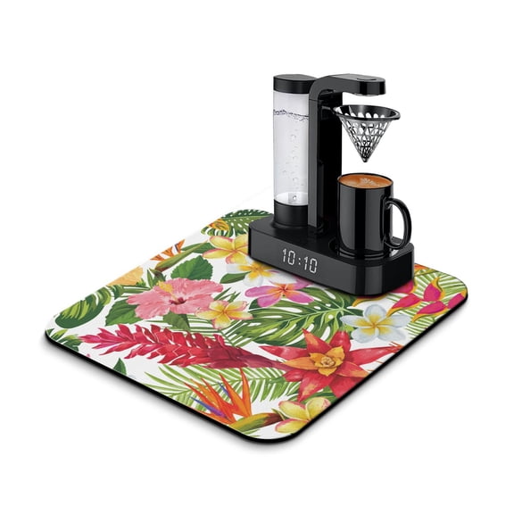Botanical Vibrant Coffee Maker Mat - 4-Layer Non-Slip Absorbent Mat, Hawaiian Jungle Leaves Print for Counter Protection & Drying