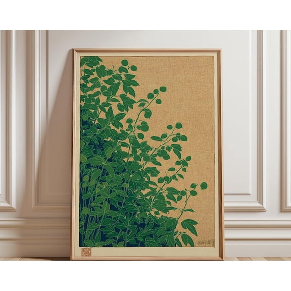 Botanical Vine Leaves Japanese Woodblock Style Illustration Wall Art, Unframed Paper Poster 24x36in