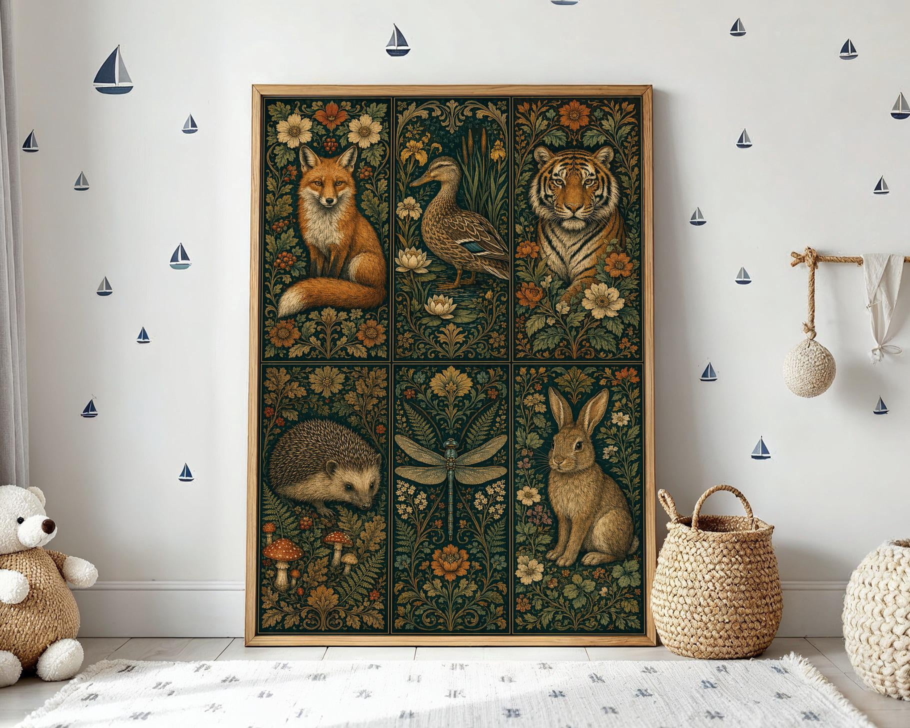 Botanical Vintage Animal Art Botanical Jungle Fox Tiger Rabbit Poster ...