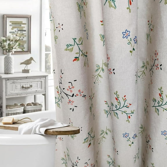 Botanical Vintage Floral Linen Shower Curtain,Cottage Core Bath Curtains Farmhouse French Country Curtain- Boho Flower Colorful Branches Neutral Bathroom Decor