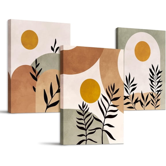 Botanical Wall Art, Boho Canvas Wall Decor for Living Room, Set of 3, Minimalist Orange Sun Artwork Paintings Wall Decor for Bedroom, Office,12 x16 inch