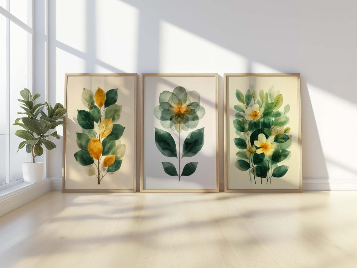 Botanical Wall Art Green and Yellow Leaf Prints Modern Nature Decor Set ...