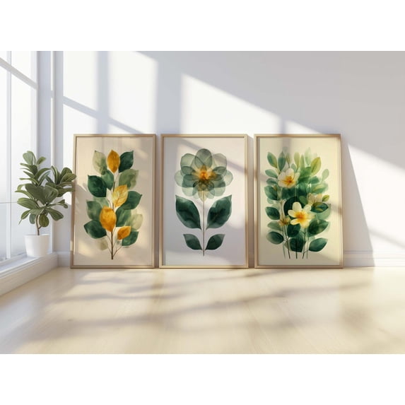Botanical Wall Art Green and Yellow Leaf Prints Modern Nature Decor Set ...