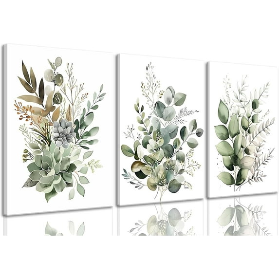 Botanical Wall Art Plant Floral Watercolor Poster Canvas Prints Set of 3 Framed Sage Green Painting Eucalyptus Leaf Picture Modern Minimalist Home Decor Bedroom Bathroom Living Room
